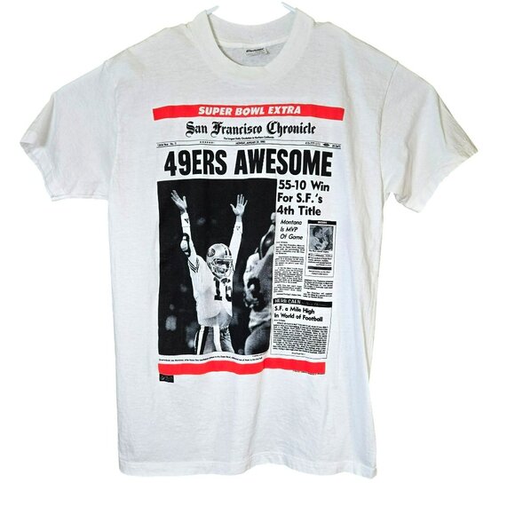VTG 1990 49ers Super Bowl XXIV Shirt Joe Montana MVP SF Chronicle Newspaper Tee - Picture 1 of 11